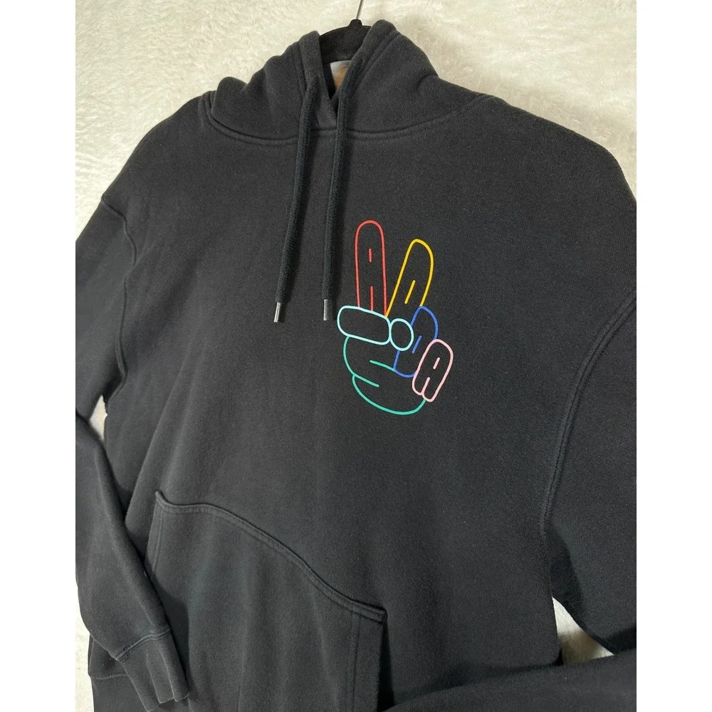 Adidas Peace Sign Hoodie Mens M Black Neon Graphic Trefoil Pullover